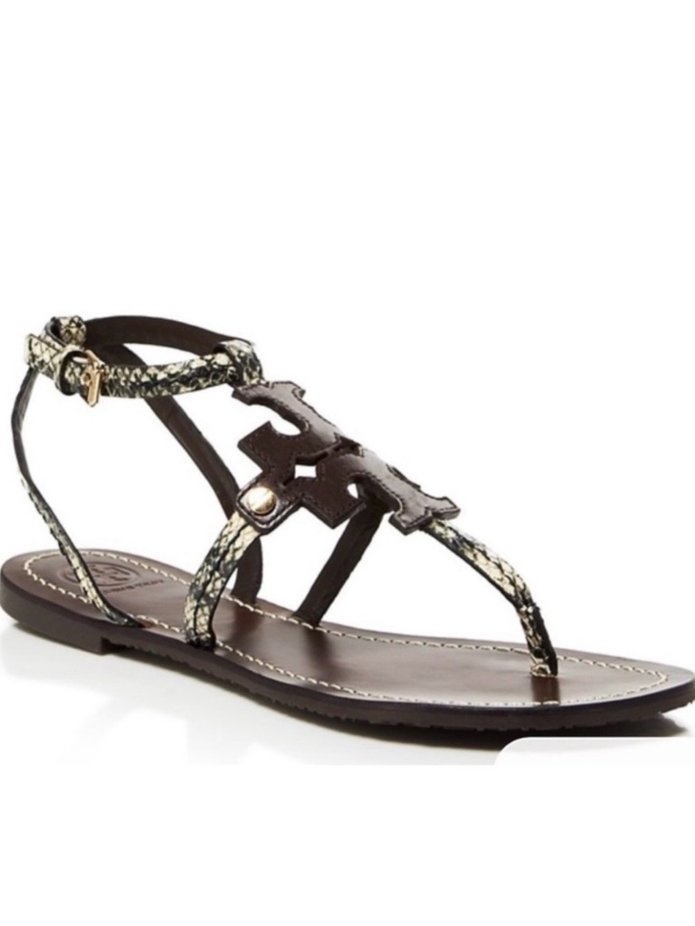 Tory Burch Brown Leather T-Strap Sandal with Snake-Print Straps
